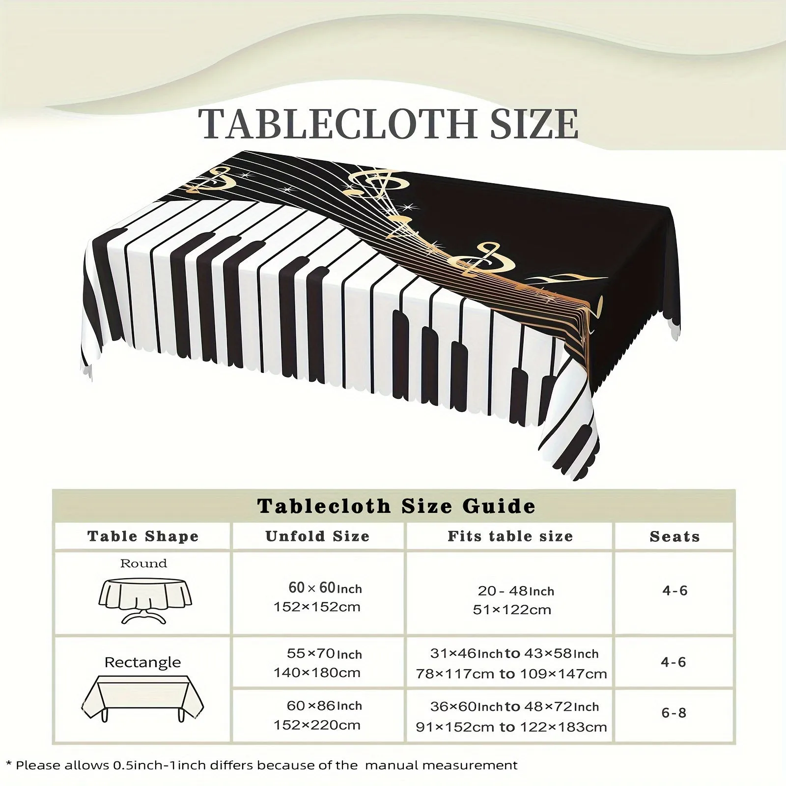 1pc Piano Music Note Print Tablecloth - Waterproof, Stain-Proof, Edge Embossed Craft, No Pleat, 3 Sizes, Note Music Theme Decorative Table Cover for Home Kitchen, Birthday Party, Festival, Indoor and Outdoor Use