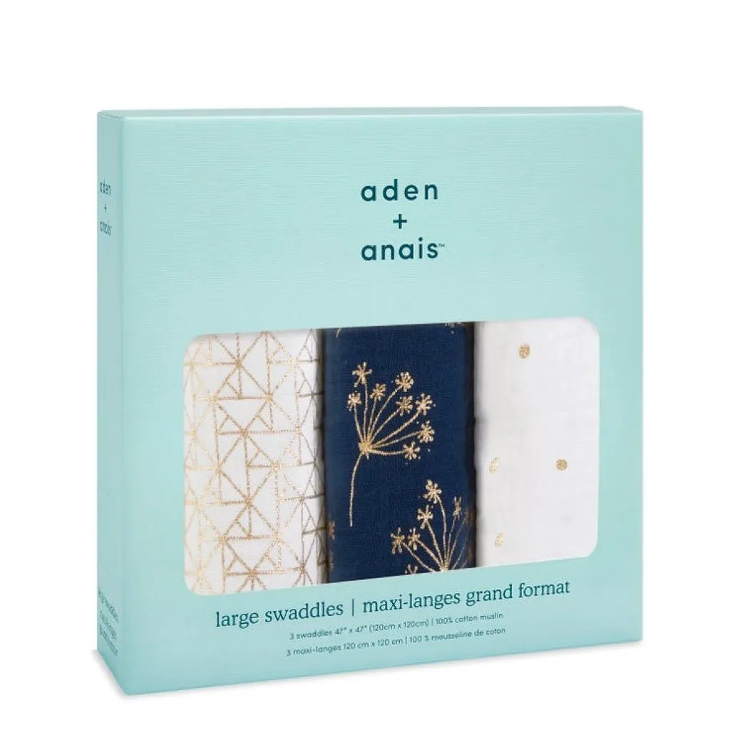 ADEN   ANAIS Cotton Muslin Swaddles 3 Pack - Metallic Gold Deco