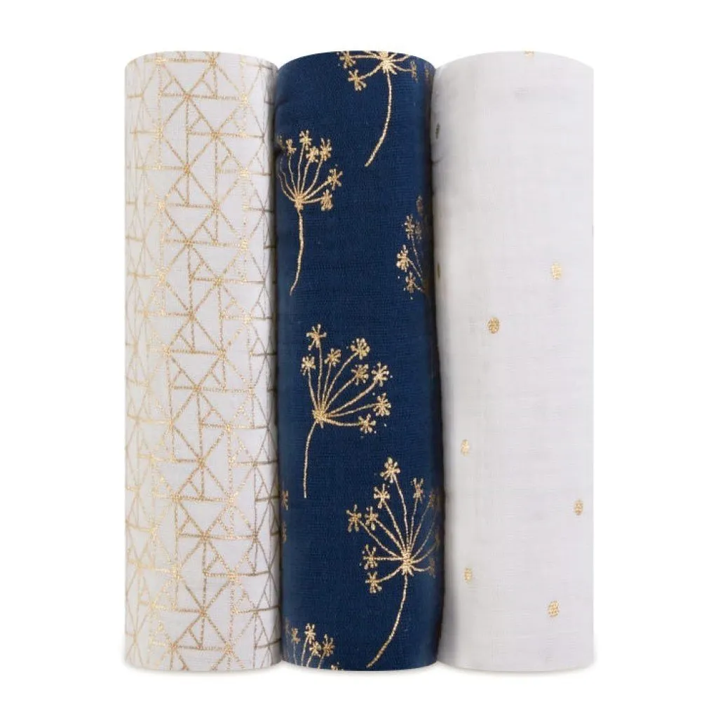 ADEN   ANAIS Cotton Muslin Swaddles 3 Pack - Metallic Gold Deco