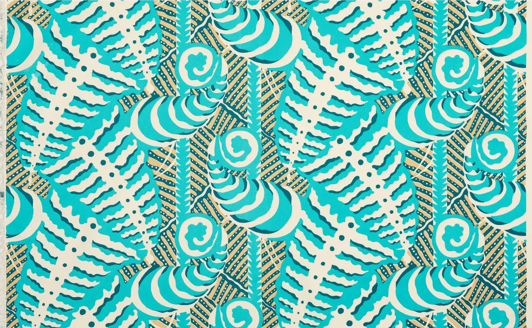 Alan Campbell Fabric: Ferns - Custom Turquoise / Beige on Cream Suncloth