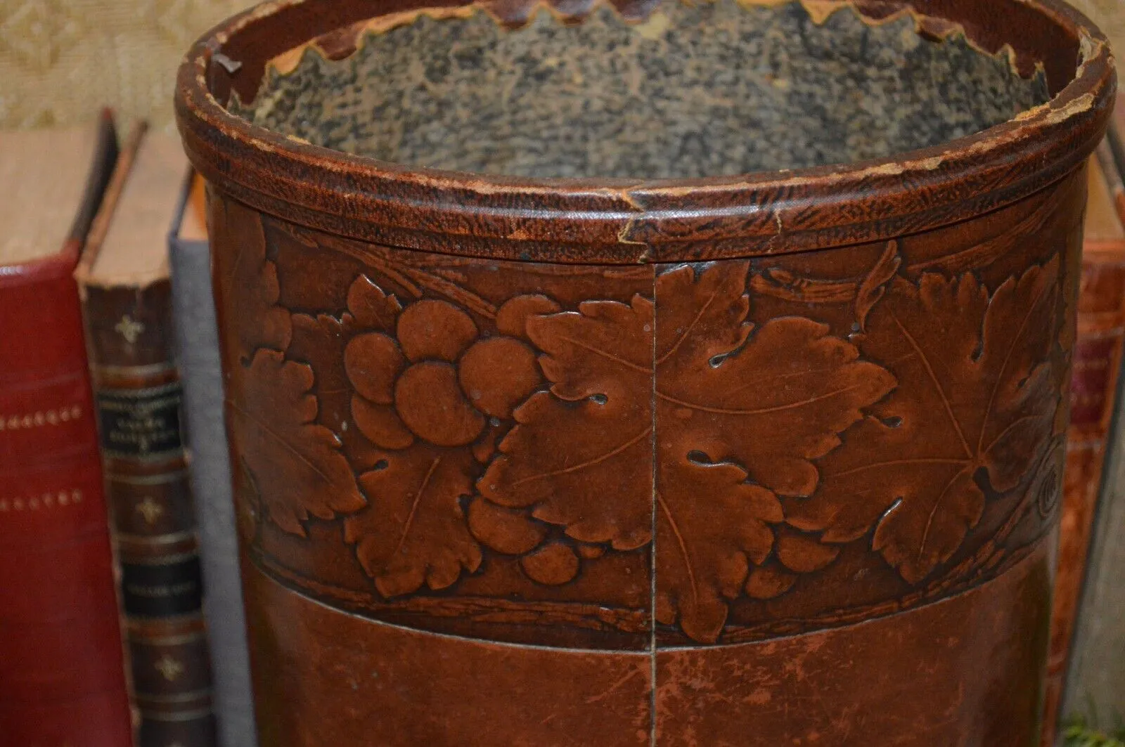 Antique English Embossed Leather Wastebasket Trash Can Arts and Crafts Style