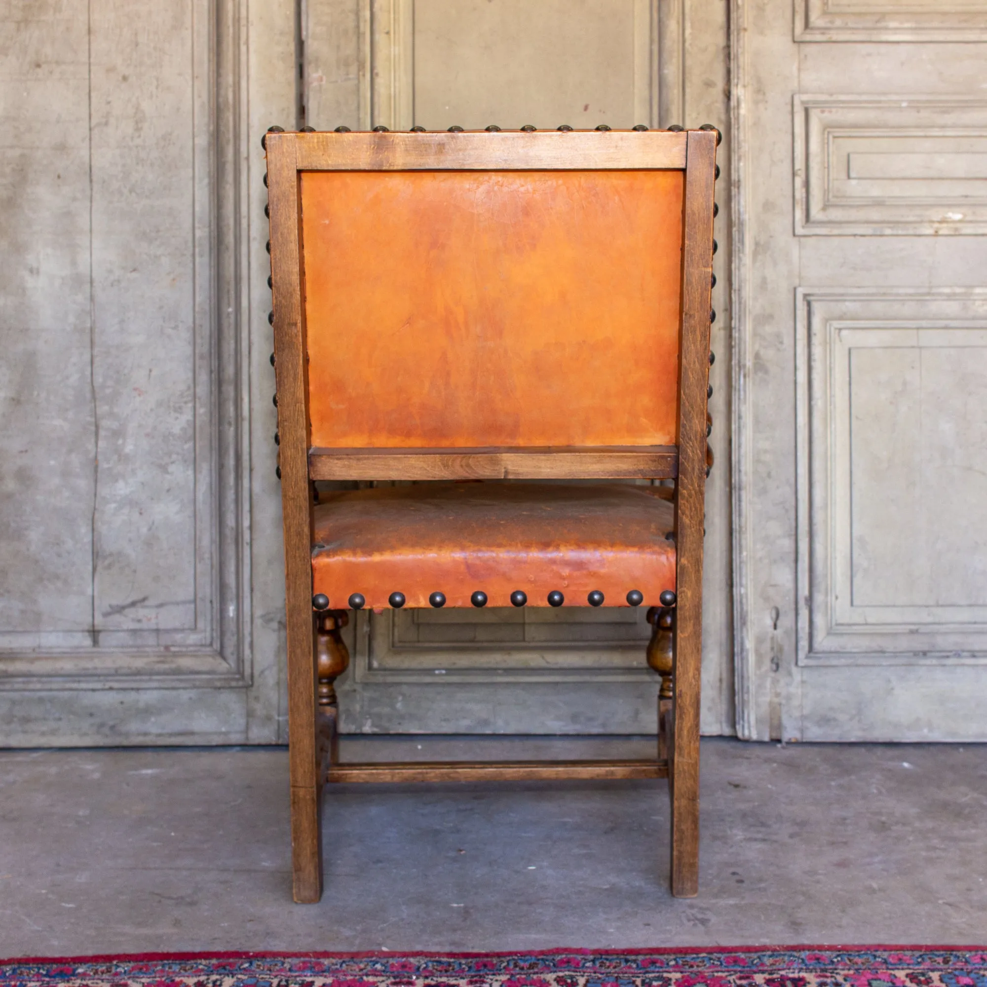 Antique Spanish Leather & Wood Armchair with Brass Nailhead Details