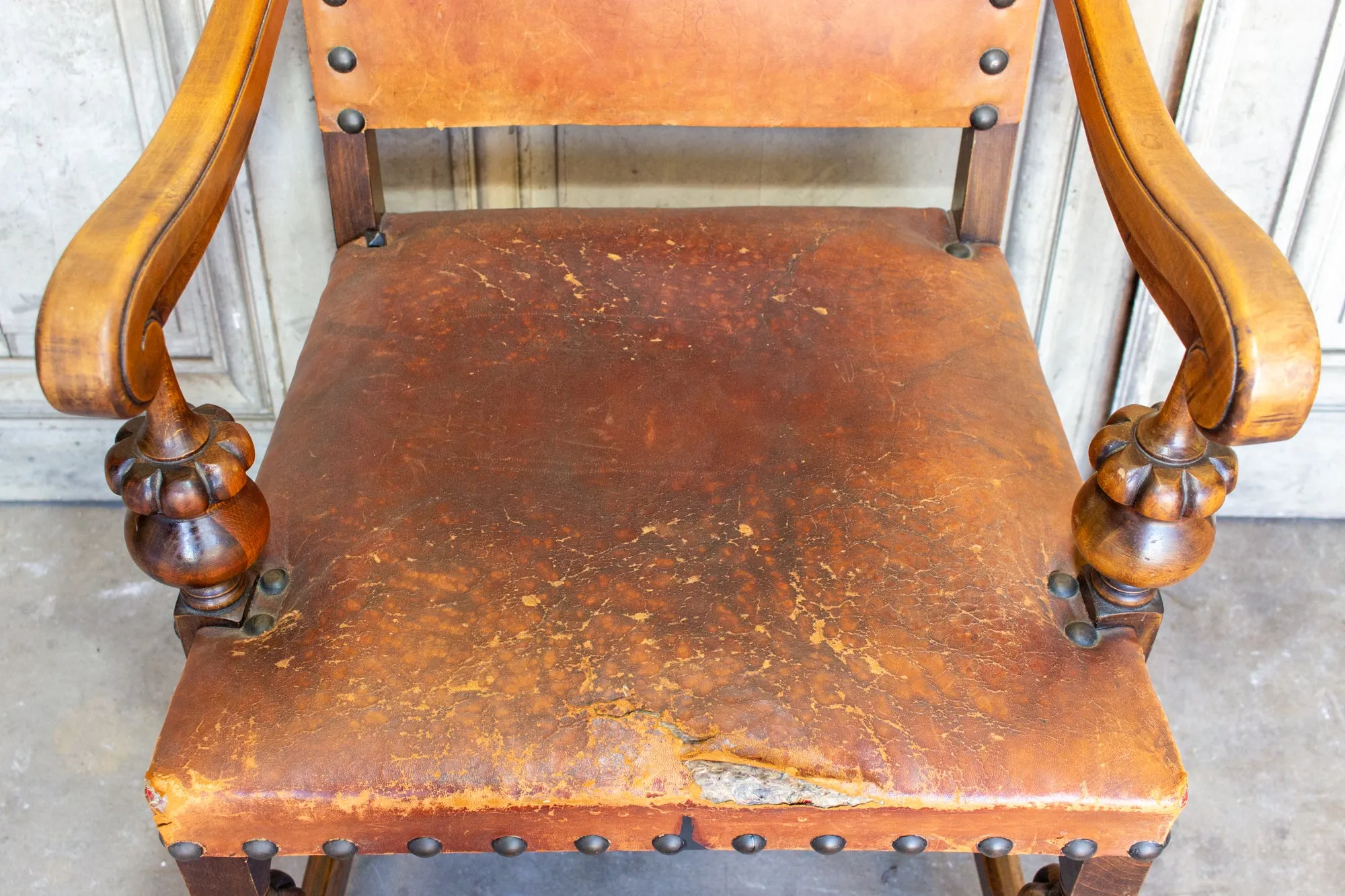 Antique Spanish Leather & Wood Armchair with Brass Nailhead Details