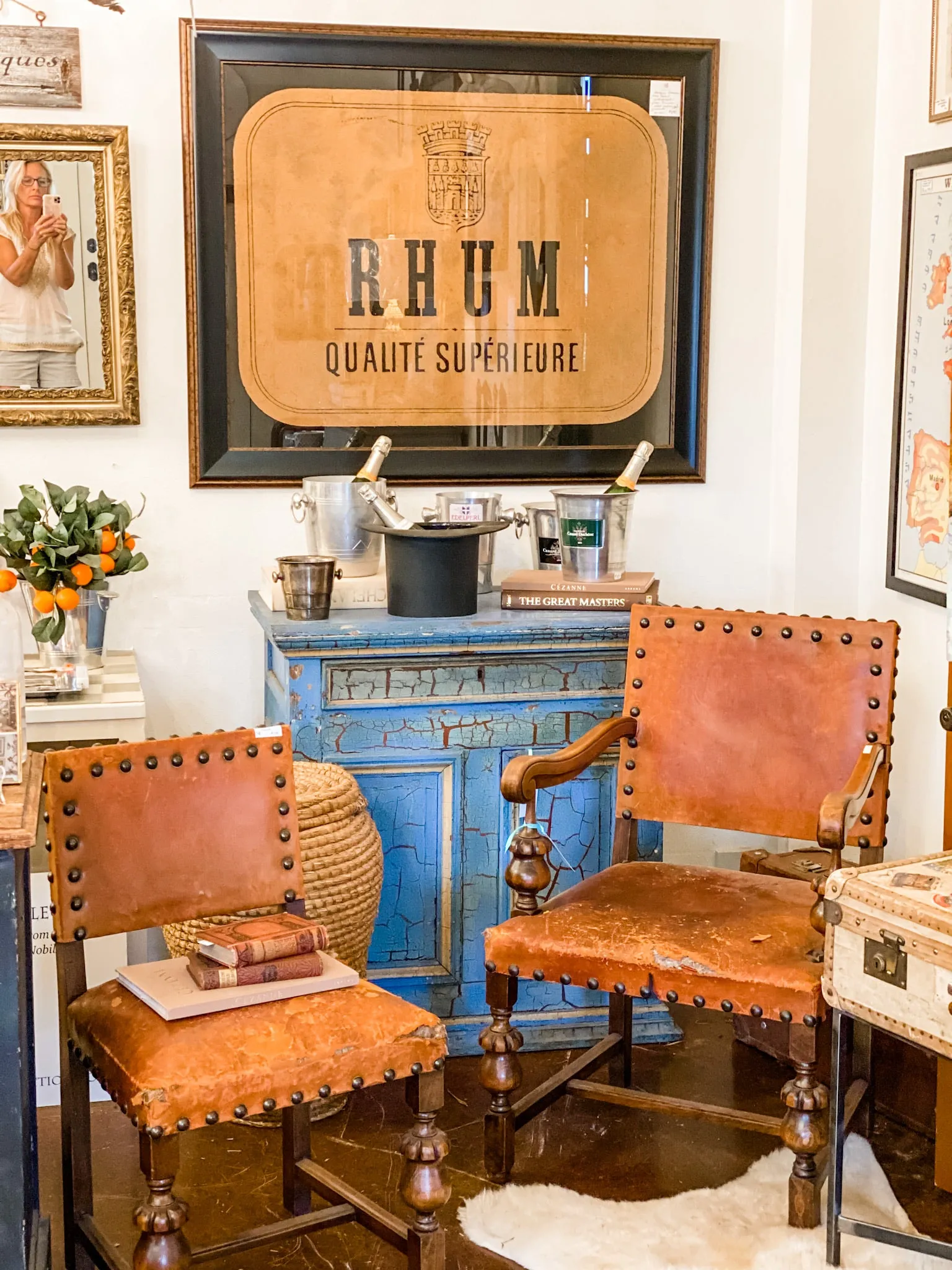 Antique Spanish Leather & Wood Armchair with Brass Nailhead Details