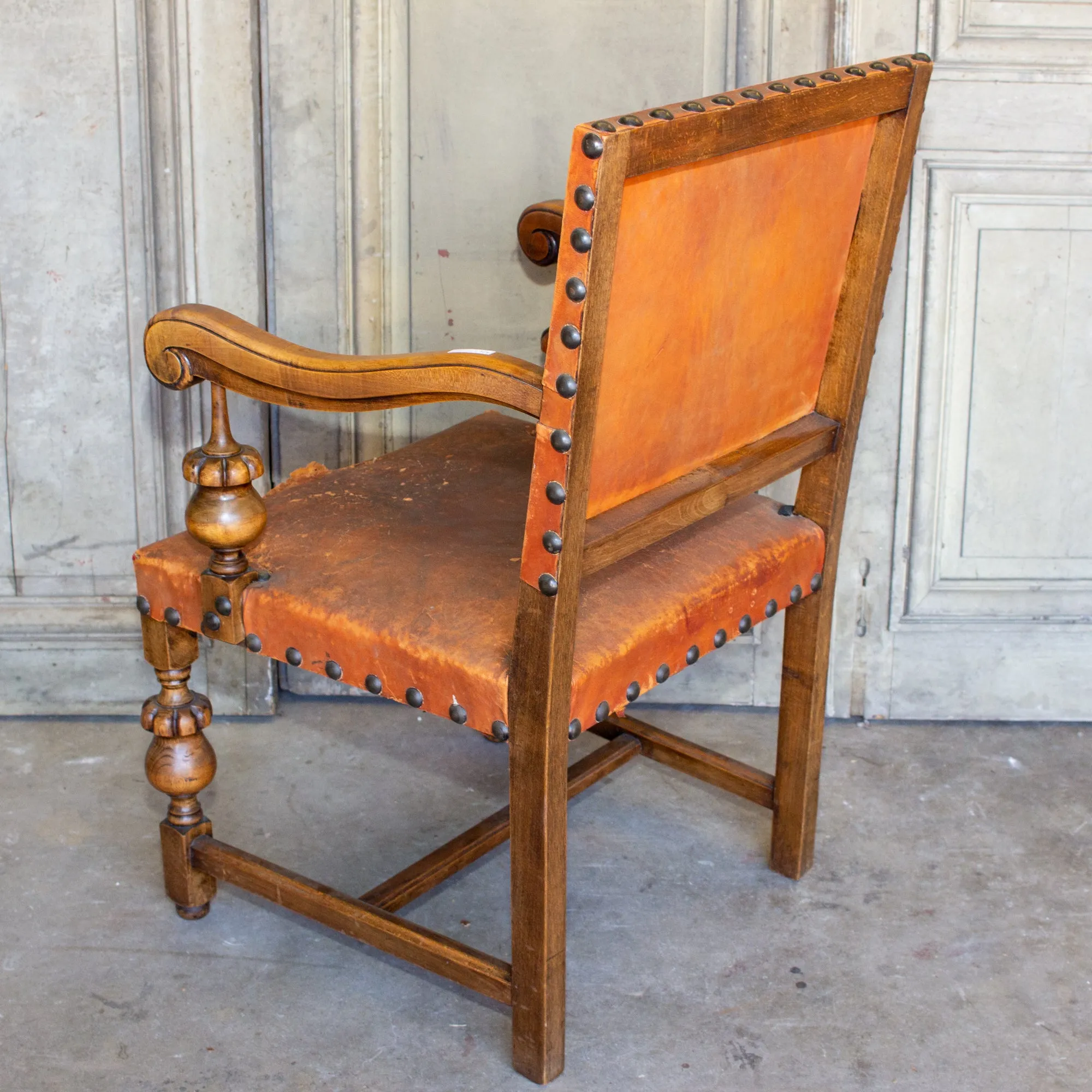 Antique Spanish Leather & Wood Armchair with Brass Nailhead Details