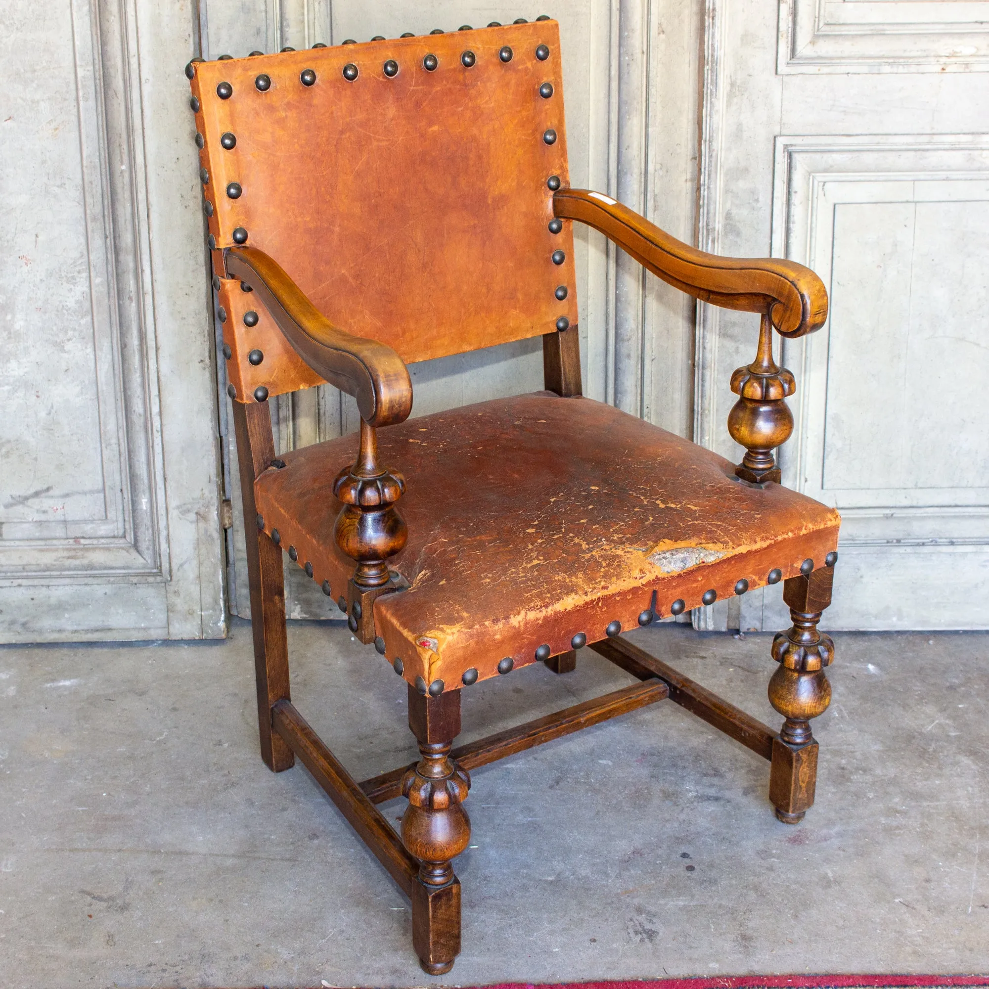 Antique Spanish Leather & Wood Armchair with Brass Nailhead Details