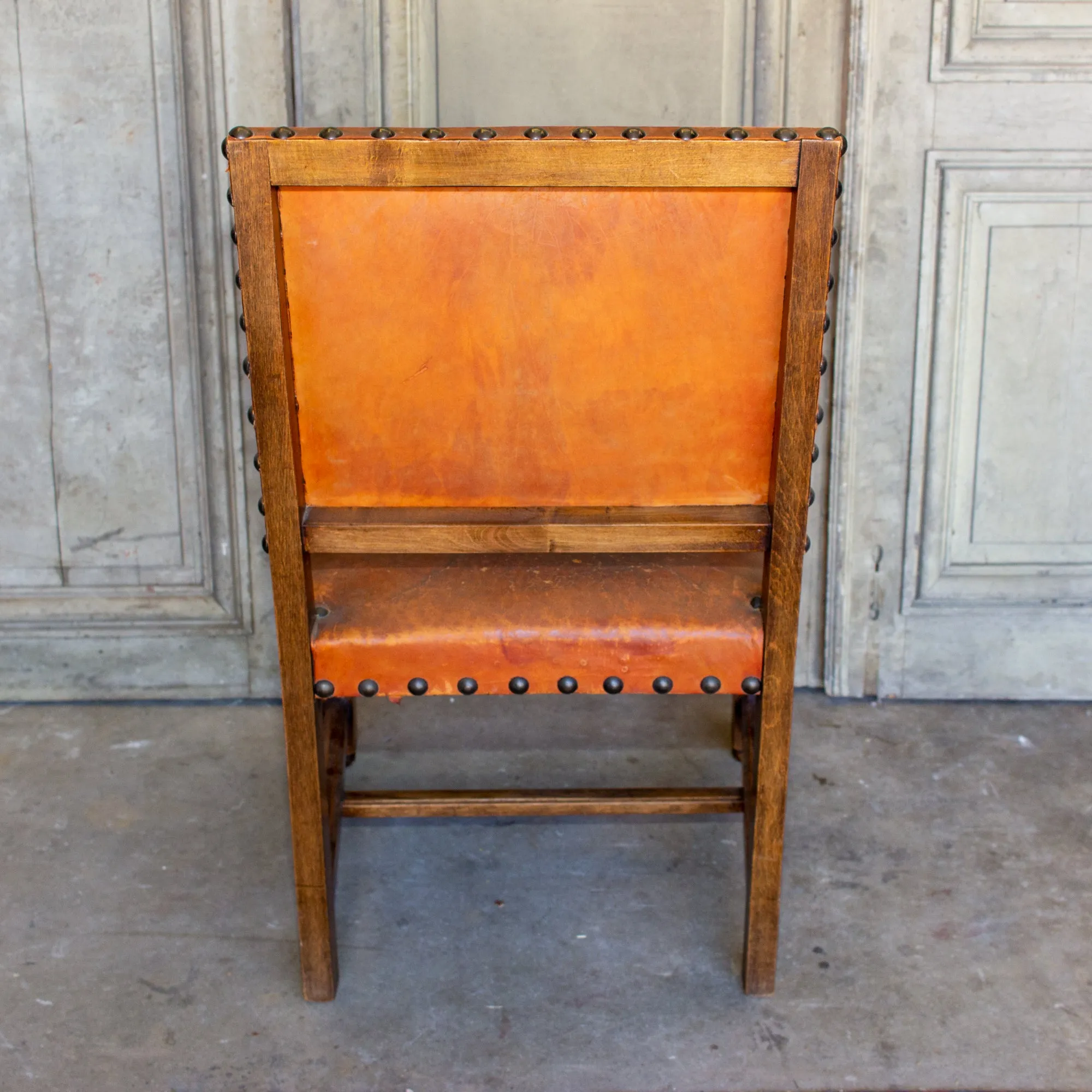 Antique Spanish Leather & Wood Armchair with Brass Nailhead Details