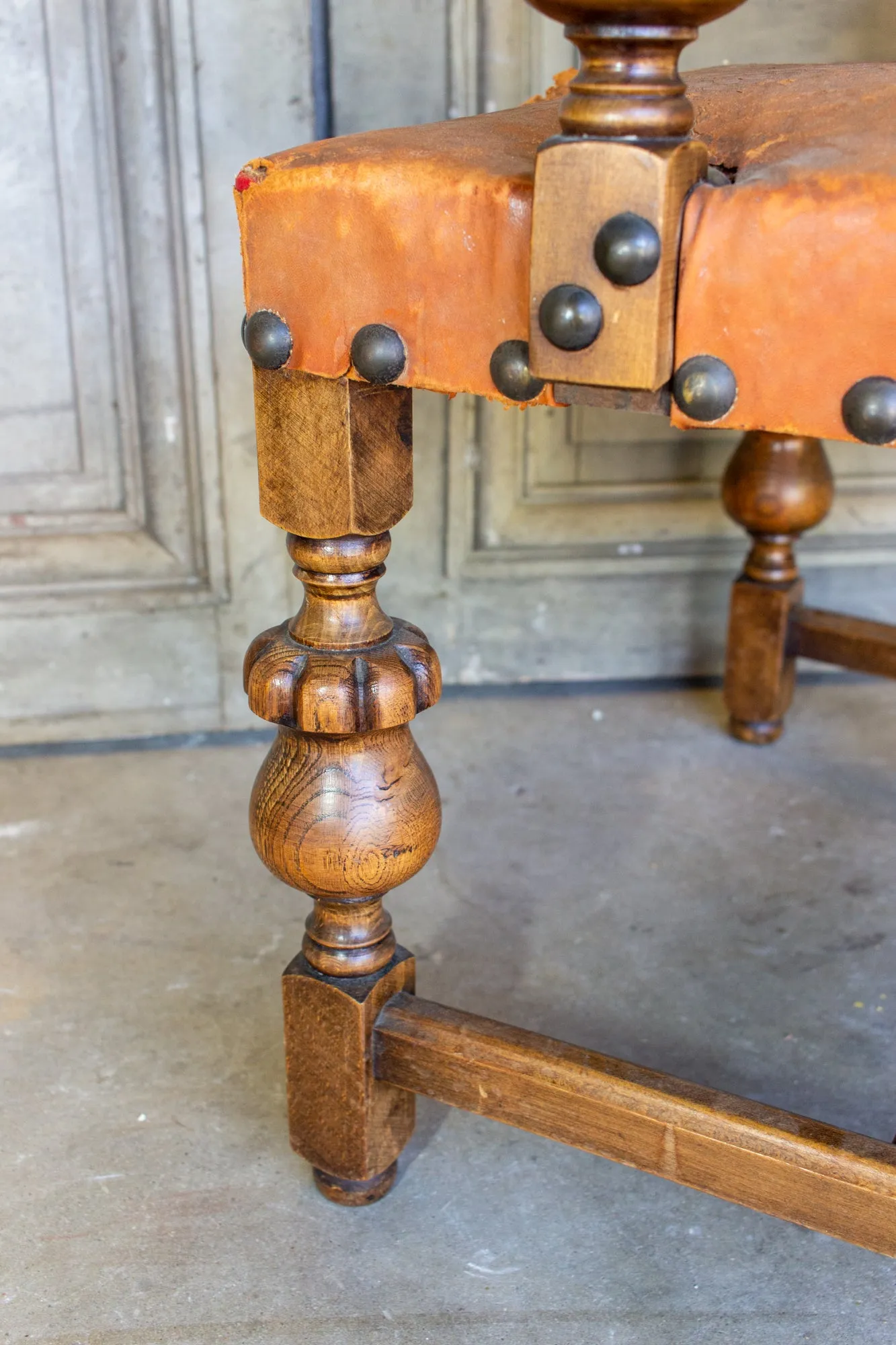 Antique Spanish Leather & Wood Armchair with Brass Nailhead Details