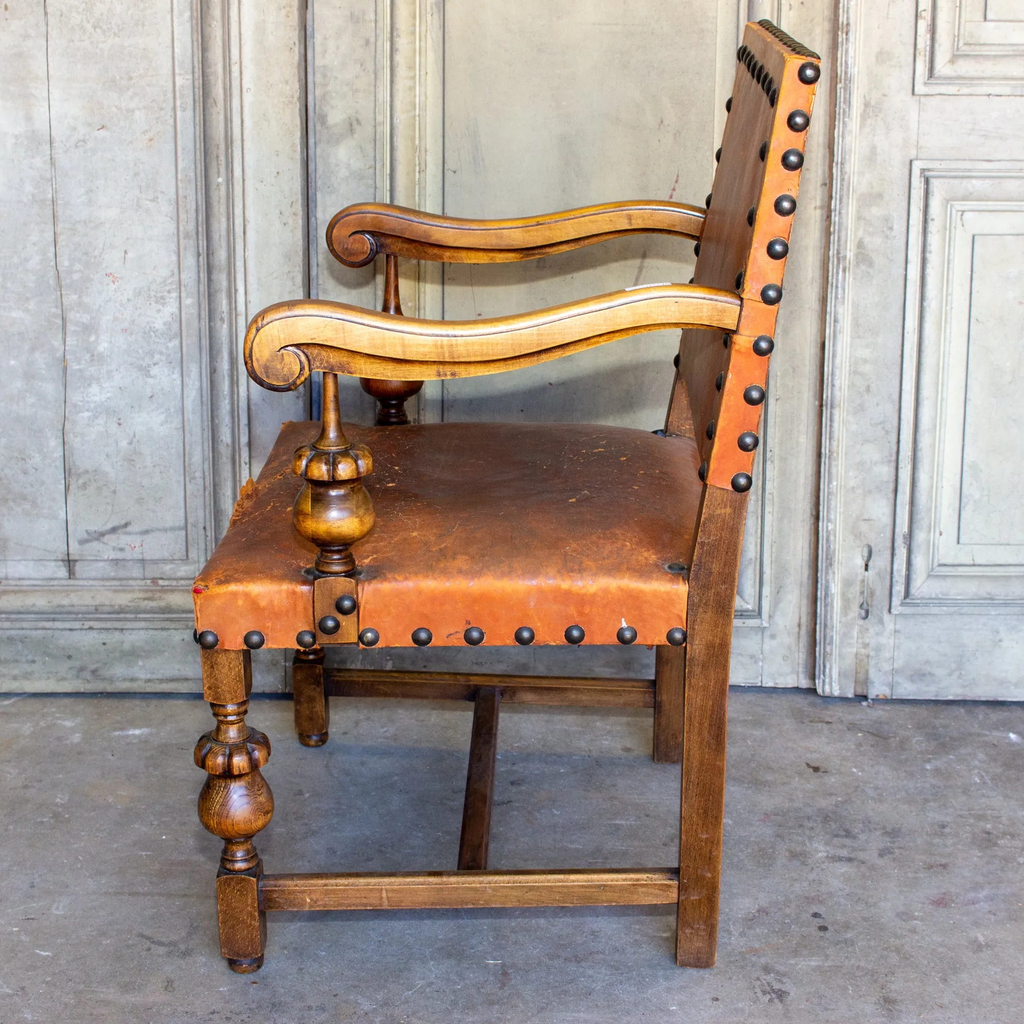 Antique Spanish Leather & Wood Armchair with Brass Nailhead Details