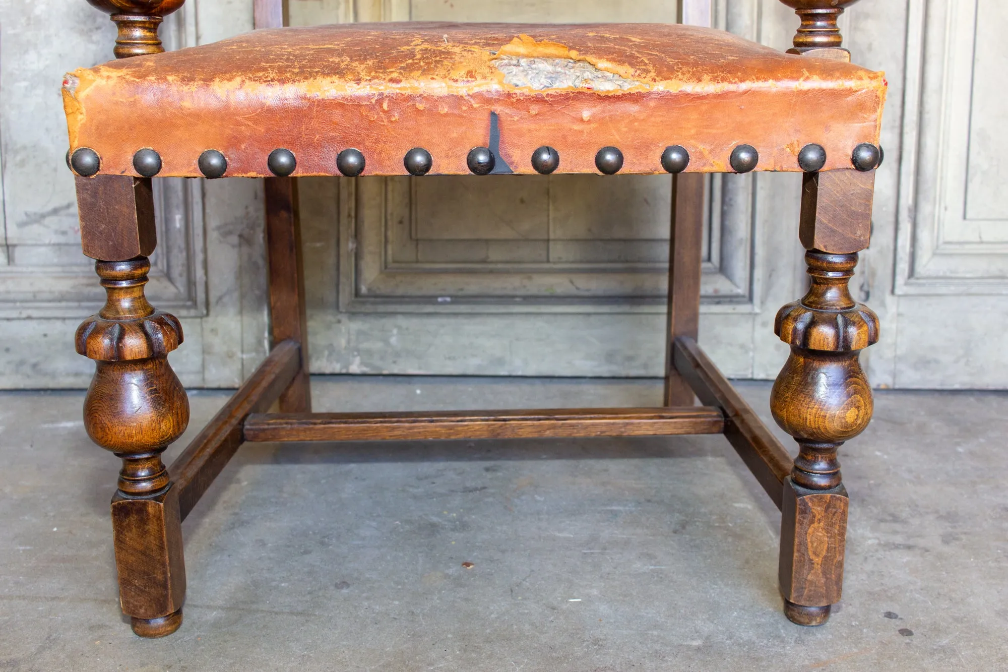 Antique Spanish Leather & Wood Armchair with Brass Nailhead Details