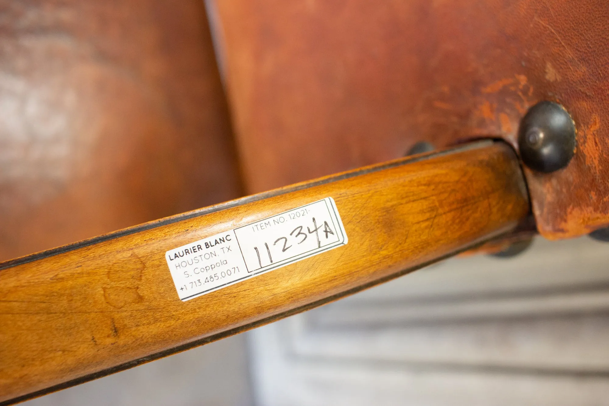 Antique Spanish Leather & Wood Armchair with Brass Nailhead Details