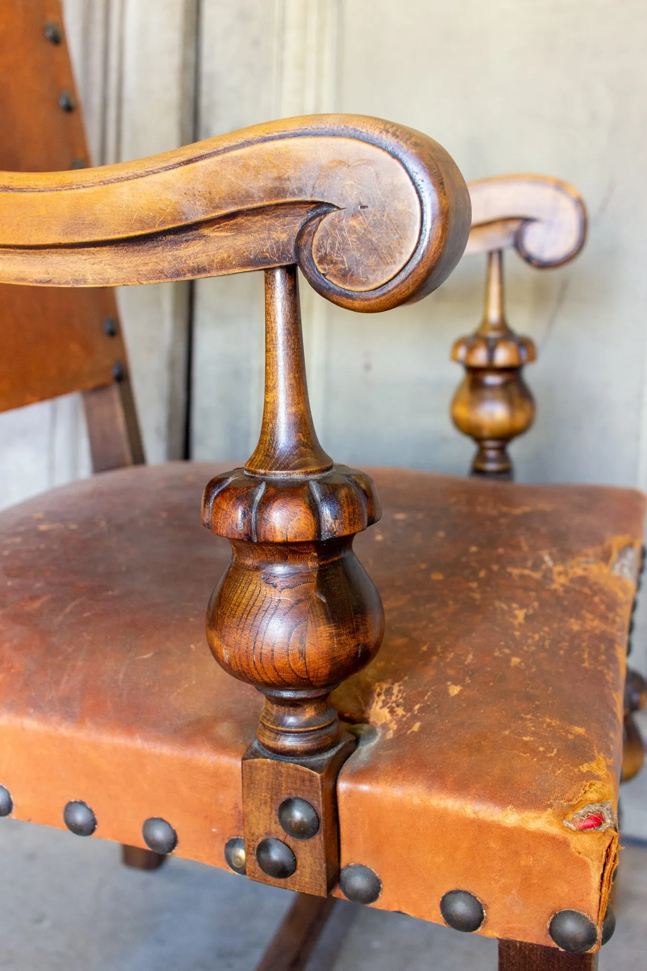 Antique Spanish Leather & Wood Armchair with Brass Nailhead Details
