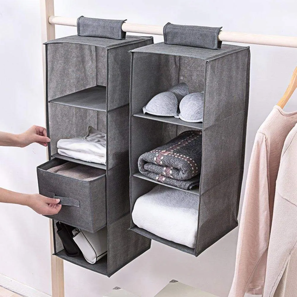Aoolife Closet Hanging Shelves Organizer,Linen Cloth，Light and Breathable Collapsible Hanging Closet Organizer for Sock, Clothes, Bra, Toys and More (Drawer-4 Pack)