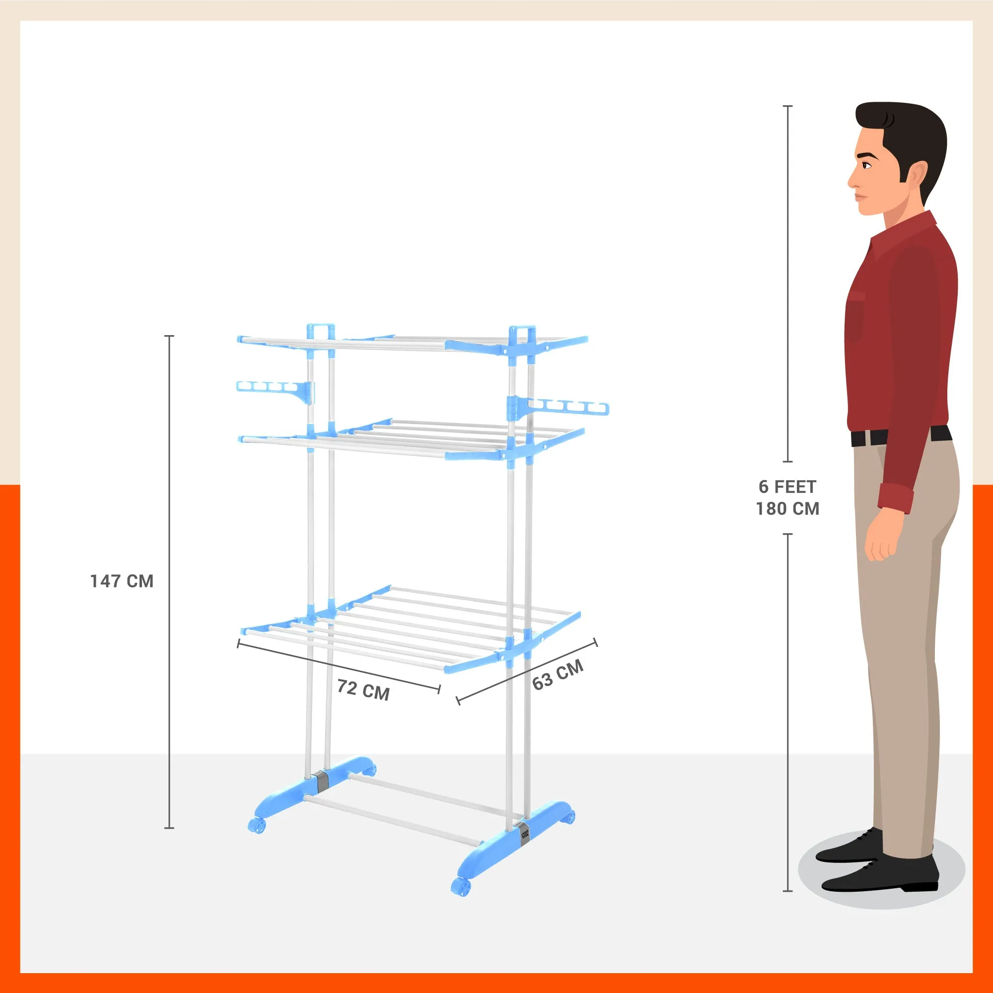 Bathla Mobidry Terra 3 Level Steel Modular Cloth Drying Stand For Home (Blue - Large) Made in India