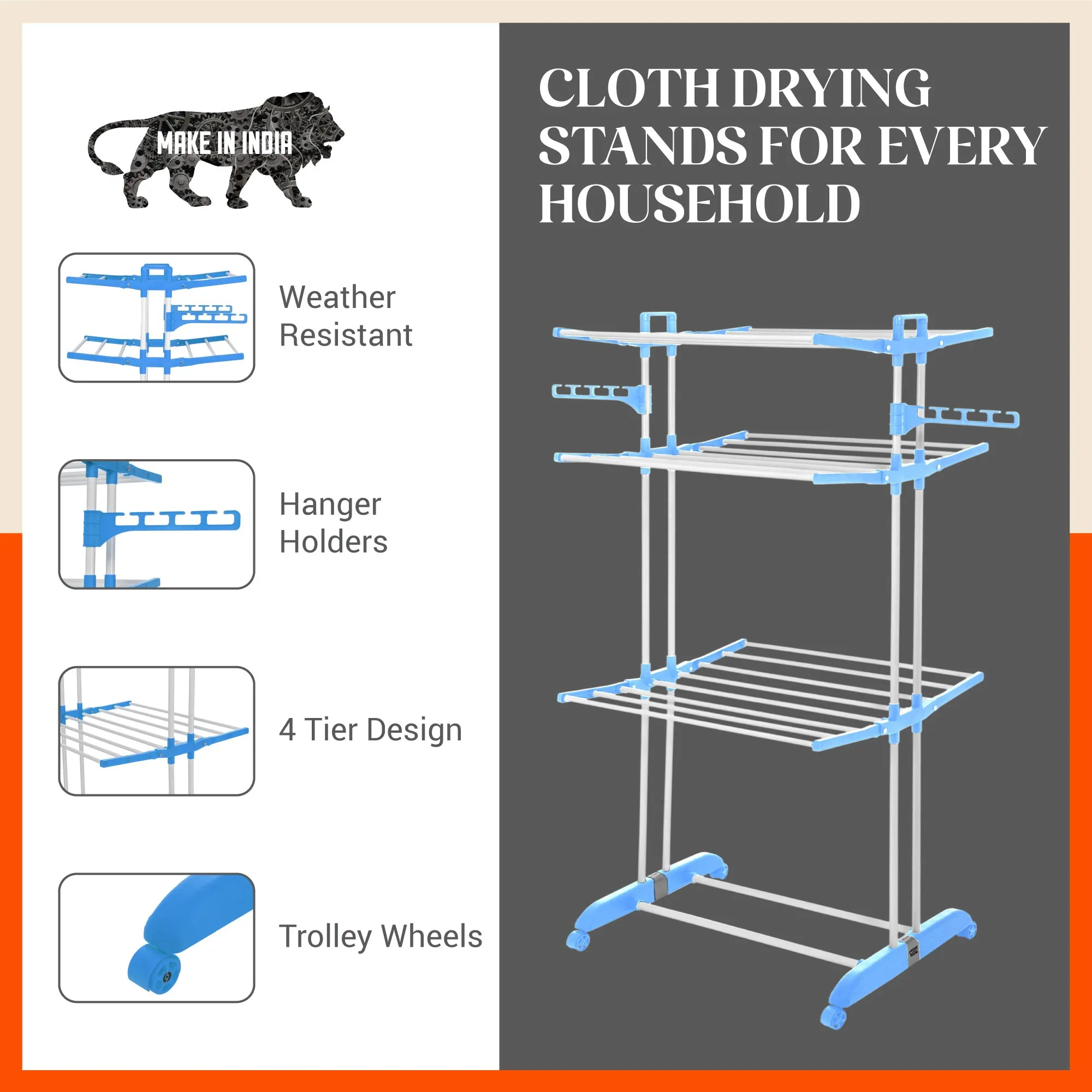 Bathla Mobidry Terra 3 Level Steel Modular Cloth Drying Stand For Home (Blue - Large) Made in India