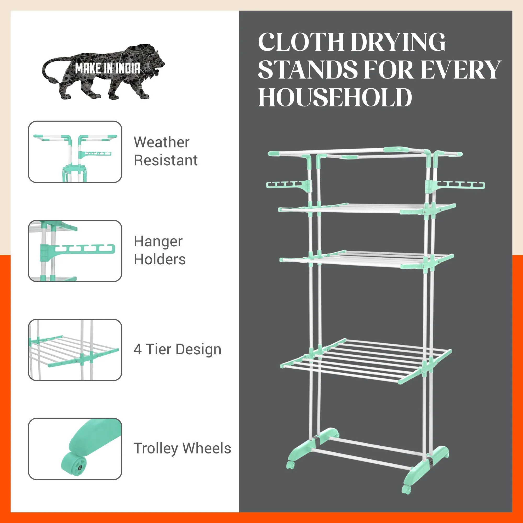 Bathla Mobidry Terra 4 Level Steel Modular Cloth Drying Stand For Home (Teal - Extra Large) Made in India
