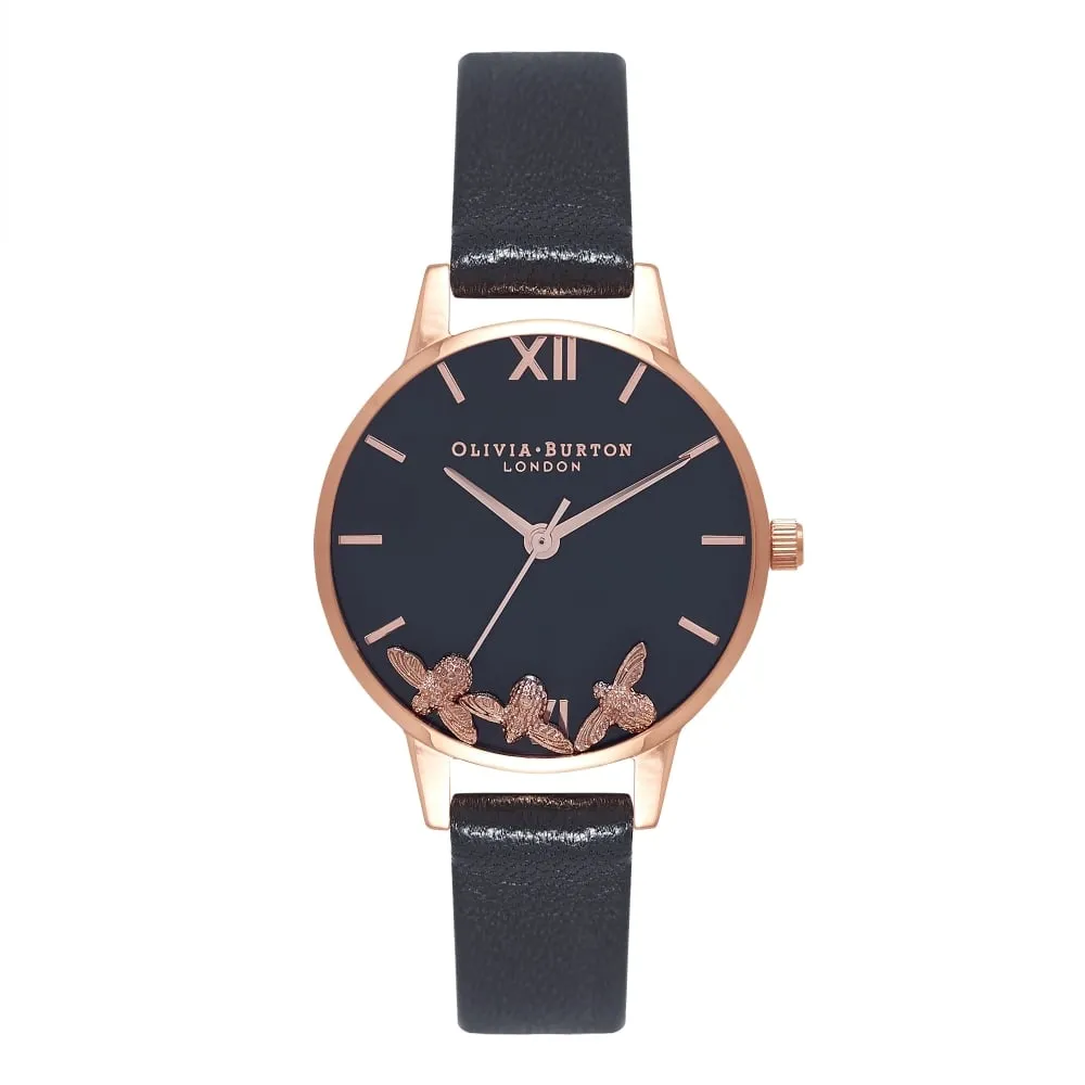 Busy Bees Midi Black Dial Black and Rose Gold Watch