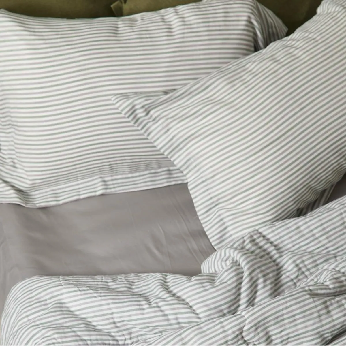 Cotton Duvet Cover - Sage and Grey Pinstripe
