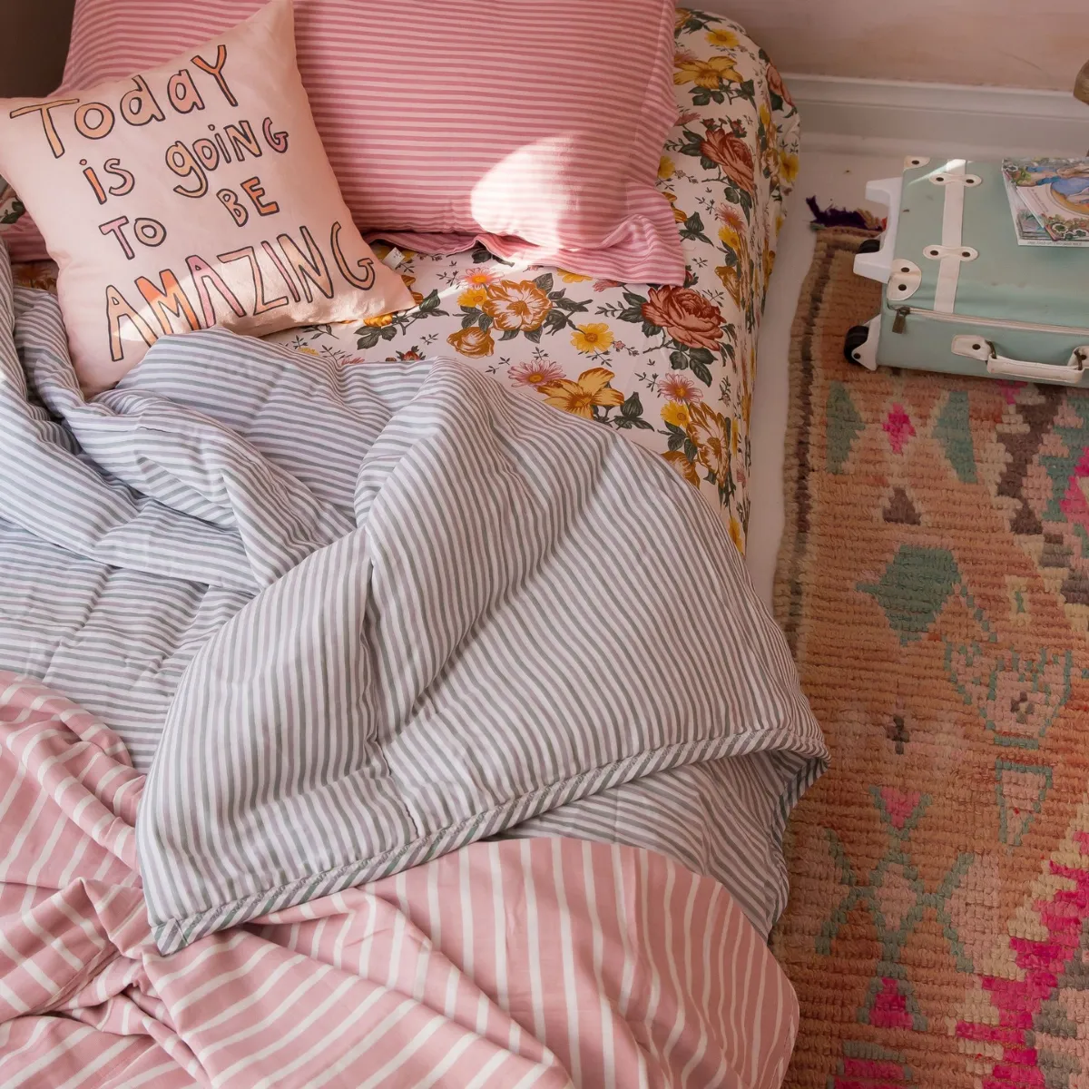 Cotton Duvet Cover - Sage and Grey Pinstripe
