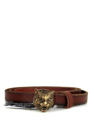 Gucci NWT Brown Leather Thin Belt w. Tiger Head Buckle sz 80
