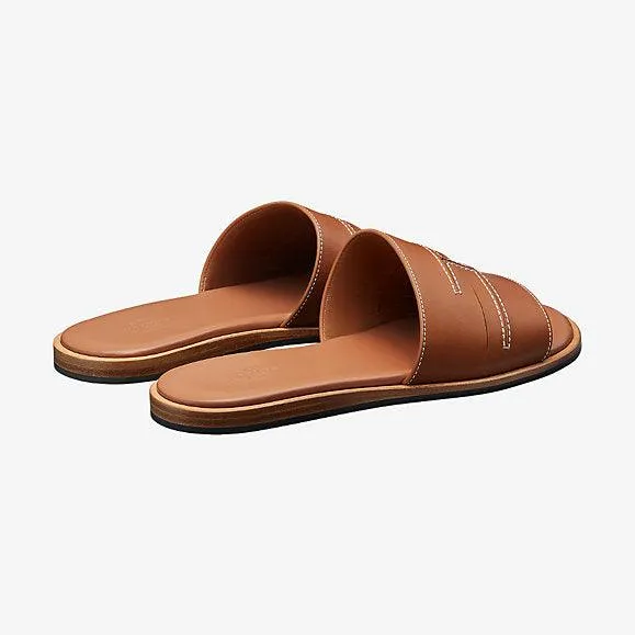 Hermes Izmir Pacific Men's Leather Sandals Brown Calfskin
