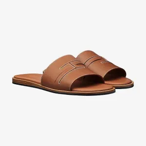 Hermes Izmir Pacific Men's Leather Sandals Brown Calfskin