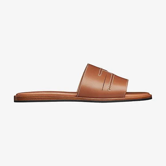 Hermes Izmir Pacific Men's Leather Sandals Brown Calfskin