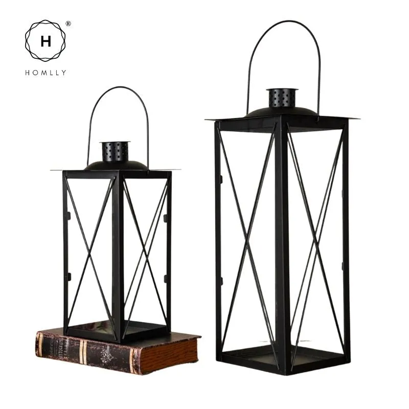 Homlly Candle Faux Plants Black Metal & Glass indoor Lantern