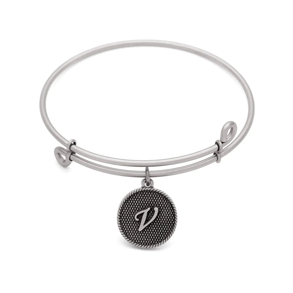 Initial V, Bangle Antique Silver Color Finish