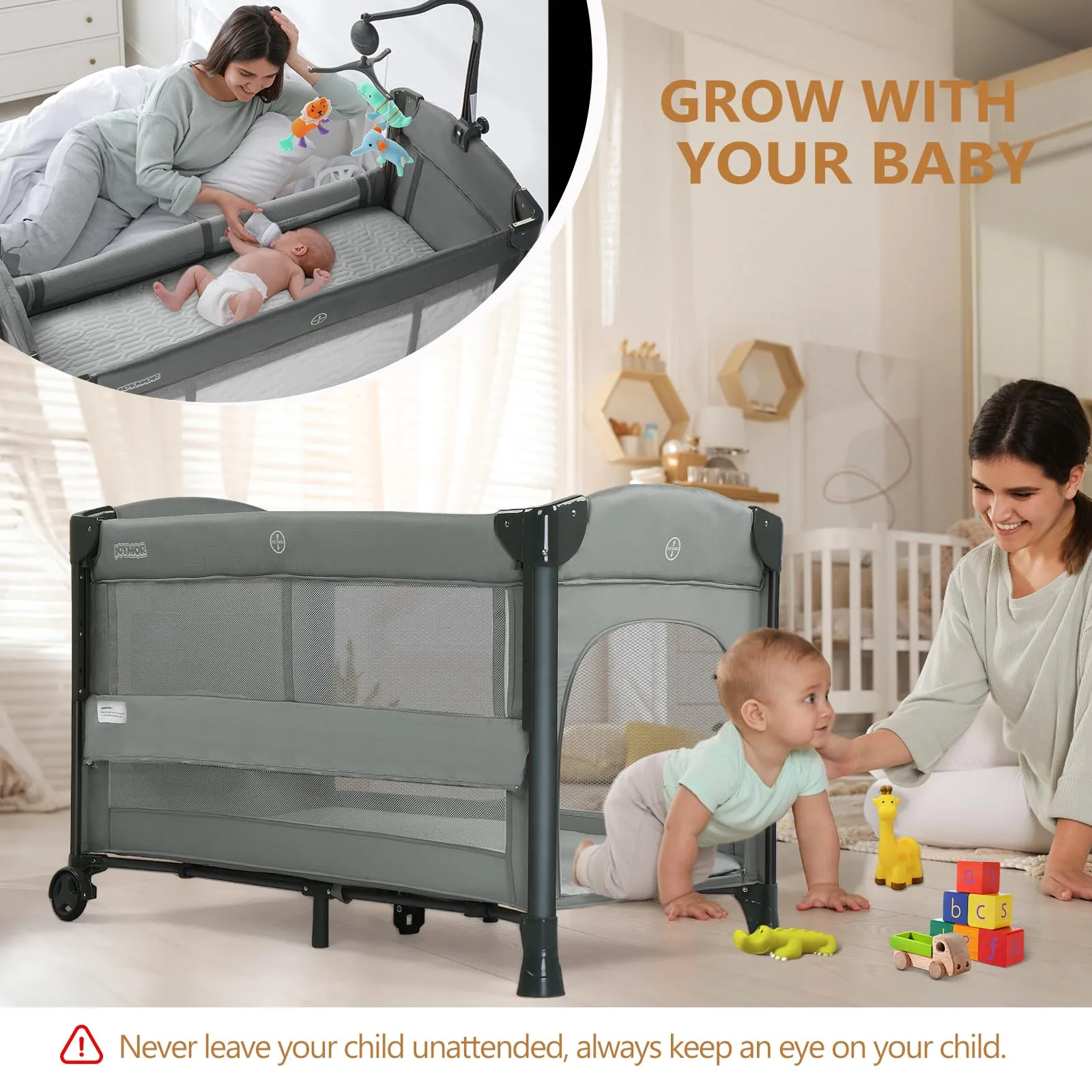 JOYMOR Baby Bedside Bassinet, Baby Bassinet, Pack n Play Convert Playpen, Quick Foldable Travel Bed with Toy, Wheels & Brake, Carry Bag for Boys Girls