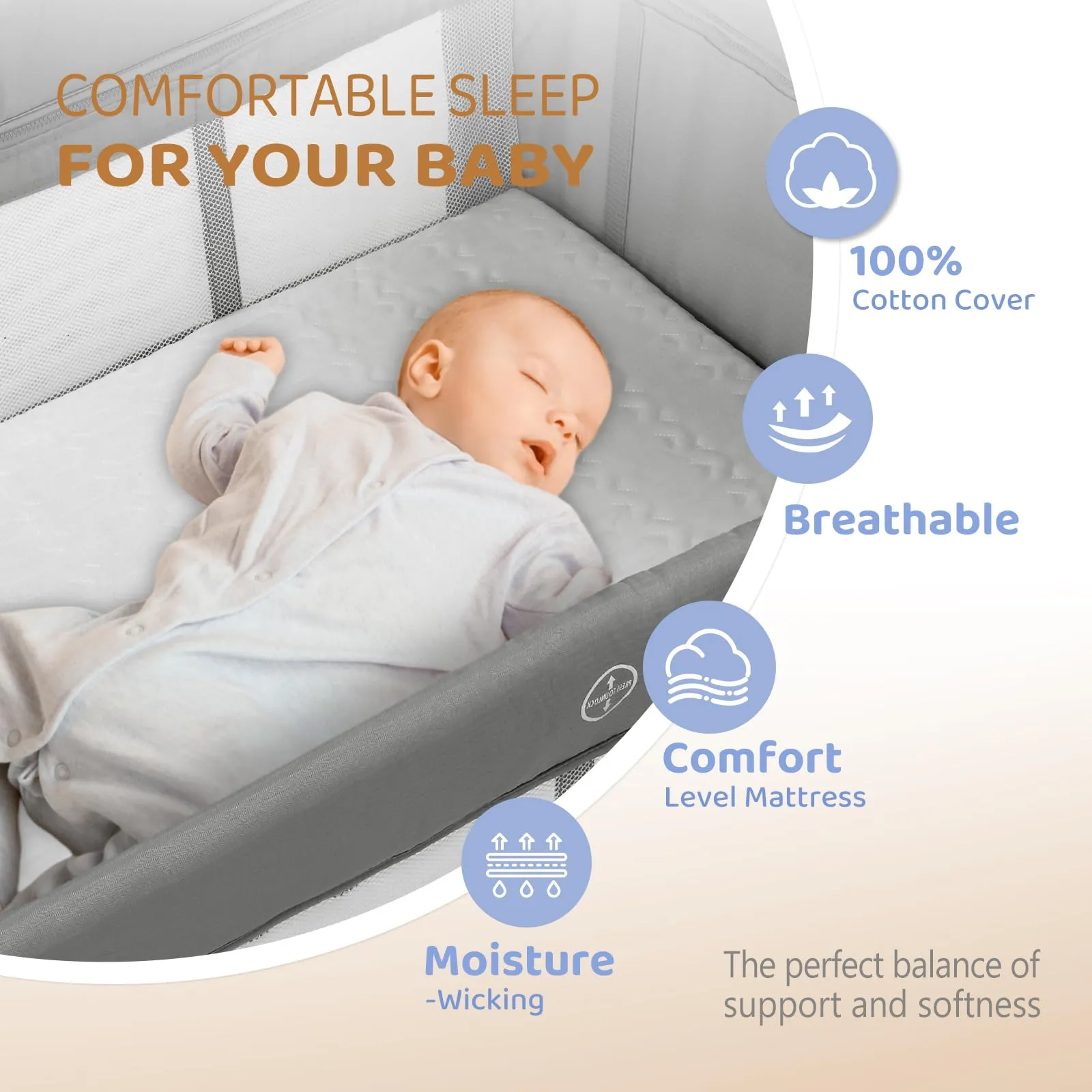 JOYMOR Baby Bedside Bassinet, Baby Bassinet, Pack n Play Convert Playpen, Quick Foldable Travel Bed with Toy, Wheels & Brake, Carry Bag for Boys Girls