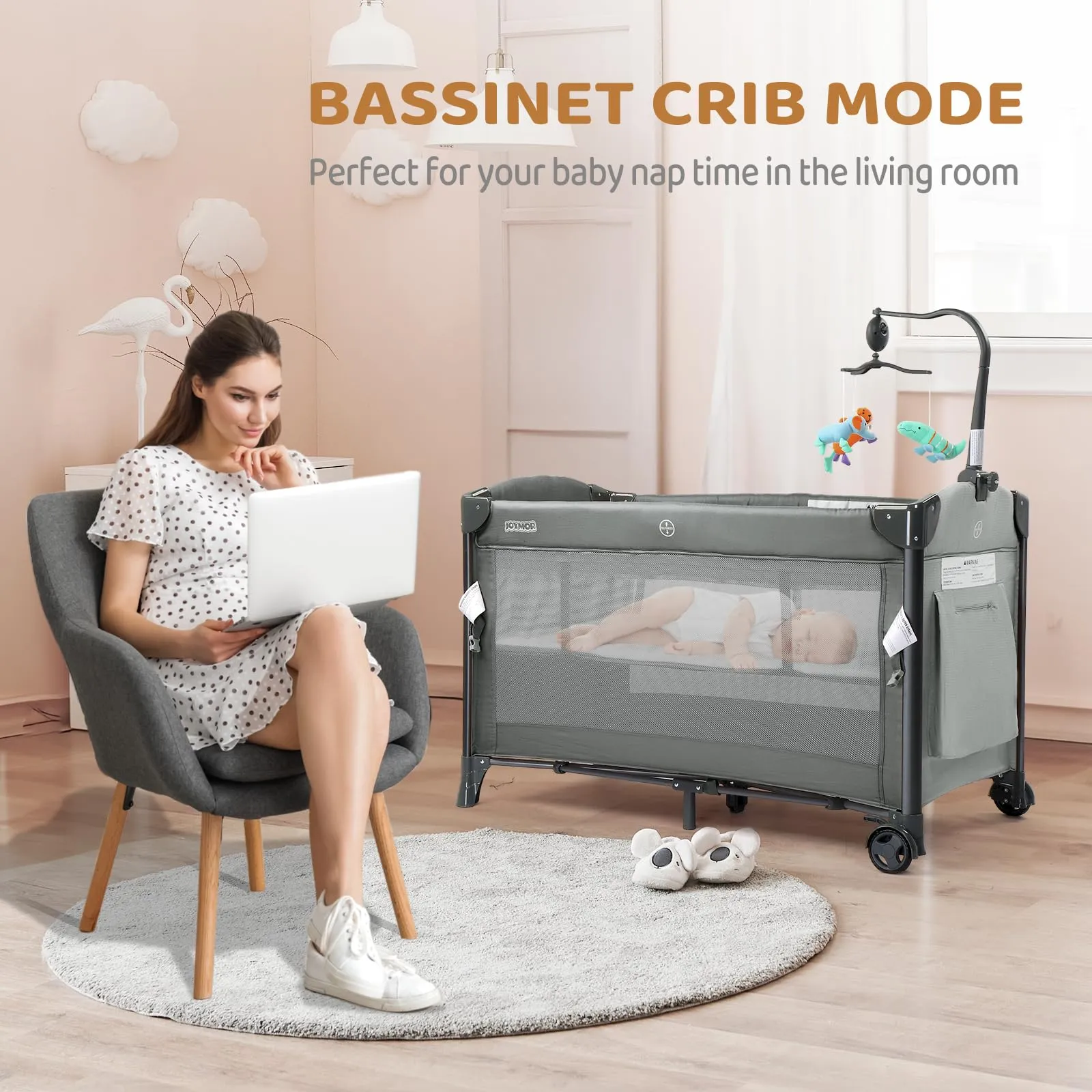 JOYMOR Baby Bedside Bassinet, Baby Bassinet, Pack n Play Convert Playpen, Quick Foldable Travel Bed with Toy, Wheels & Brake, Carry Bag for Boys Girls