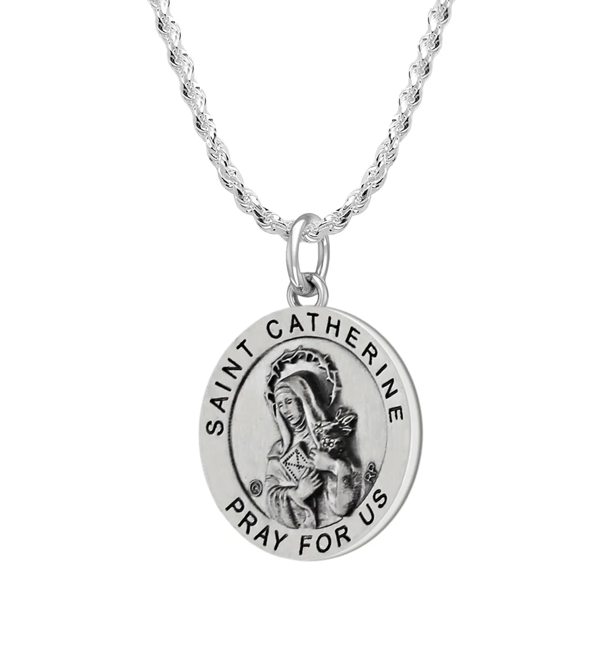 Ladies 925 Sterling Silver 18.5mm Antiqued Saint Catherine Medal Pendant Necklace