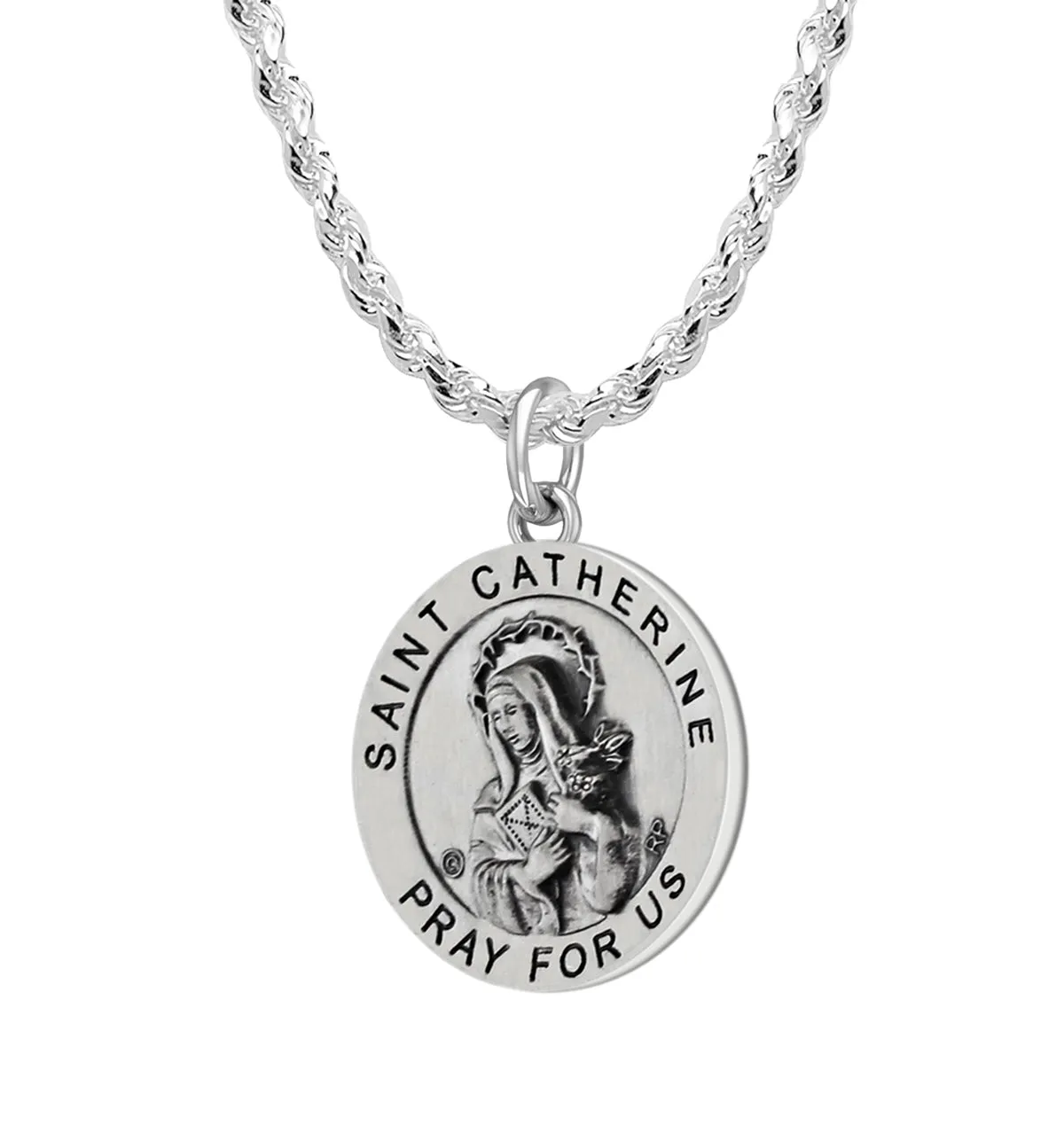 Ladies 925 Sterling Silver 18.5mm Antiqued Saint Catherine Medal Pendant Necklace