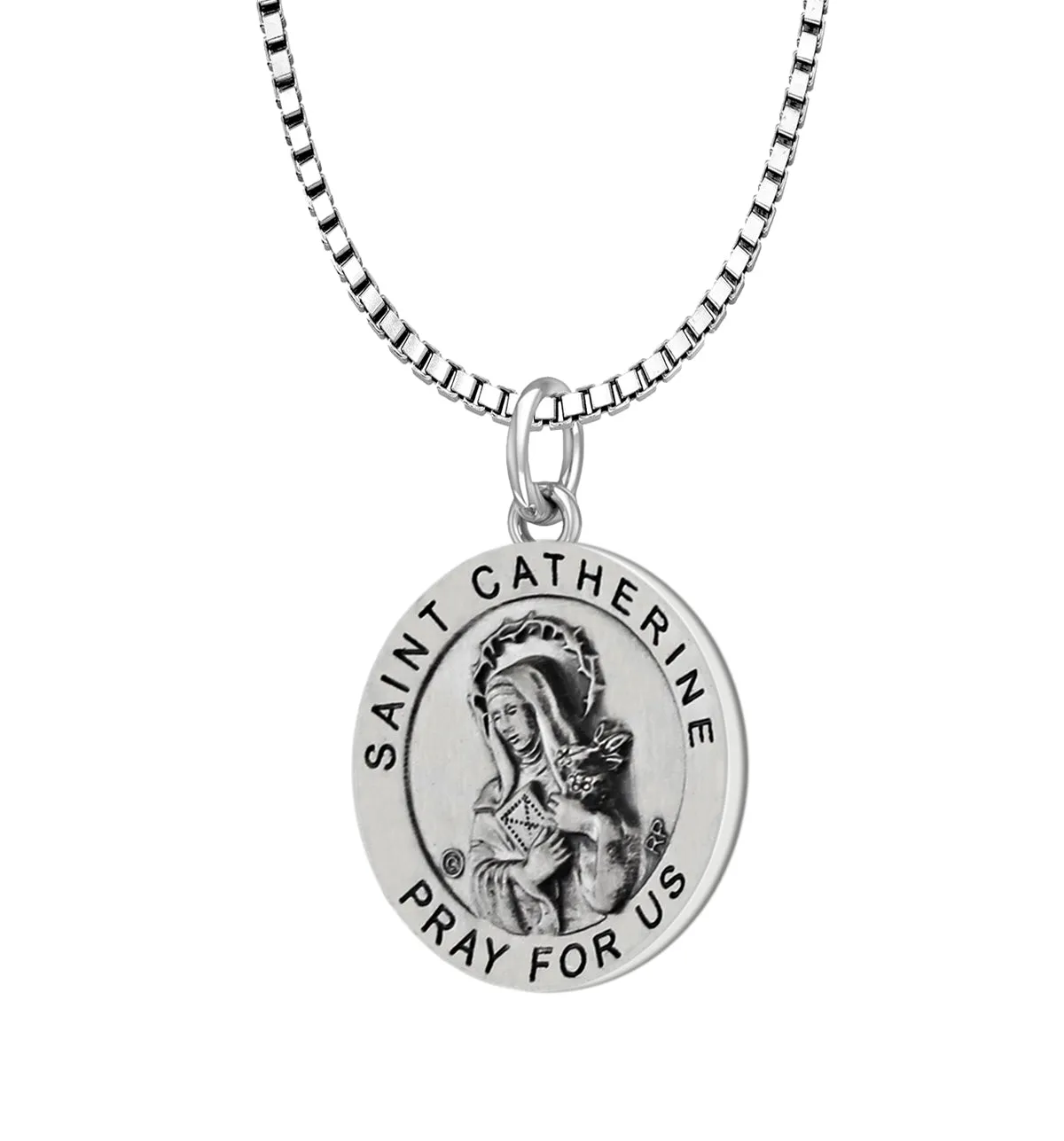 Ladies 925 Sterling Silver 18.5mm Antiqued Saint Catherine Medal Pendant Necklace