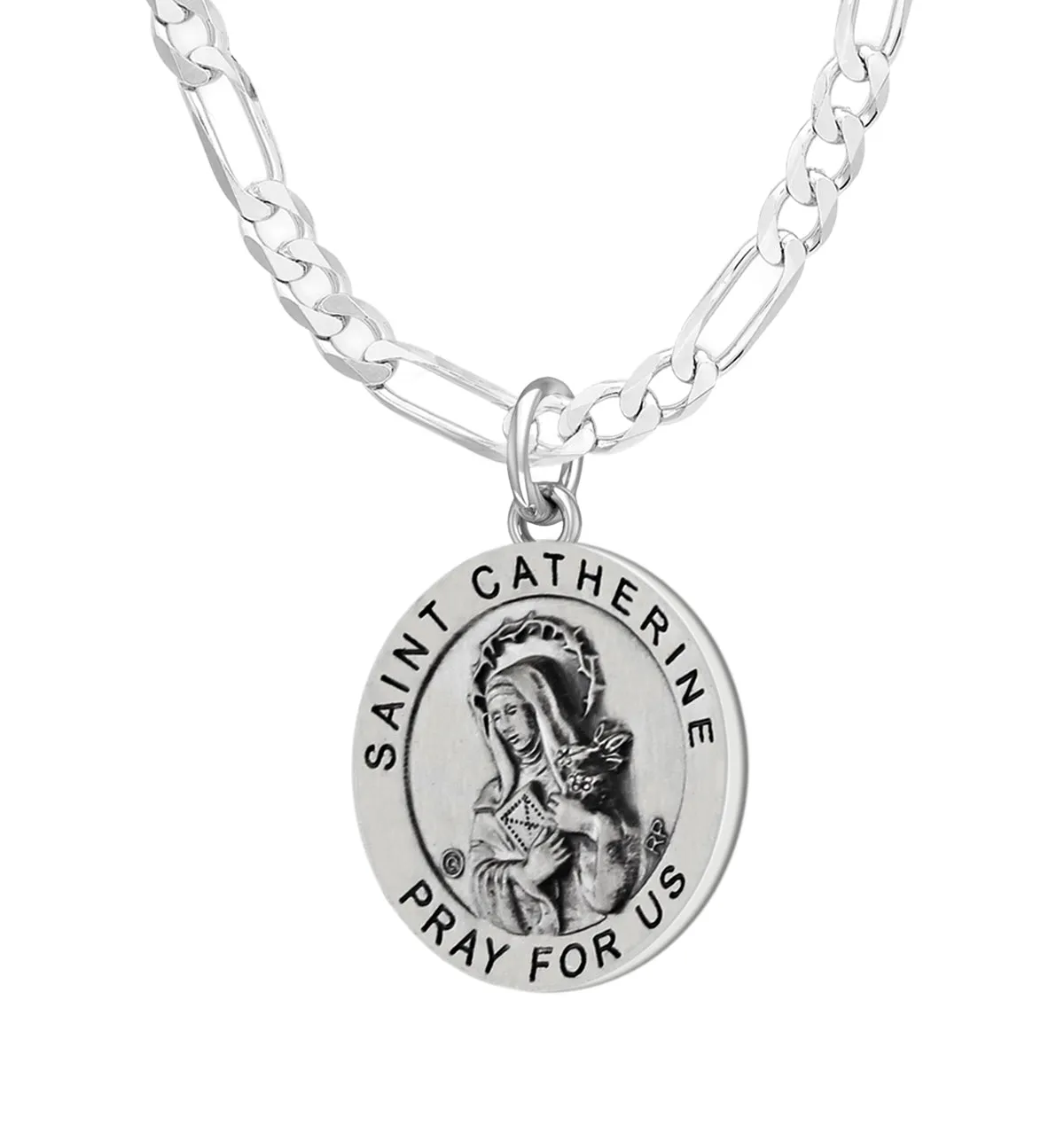 Ladies 925 Sterling Silver 18.5mm Antiqued Saint Catherine Medal Pendant Necklace