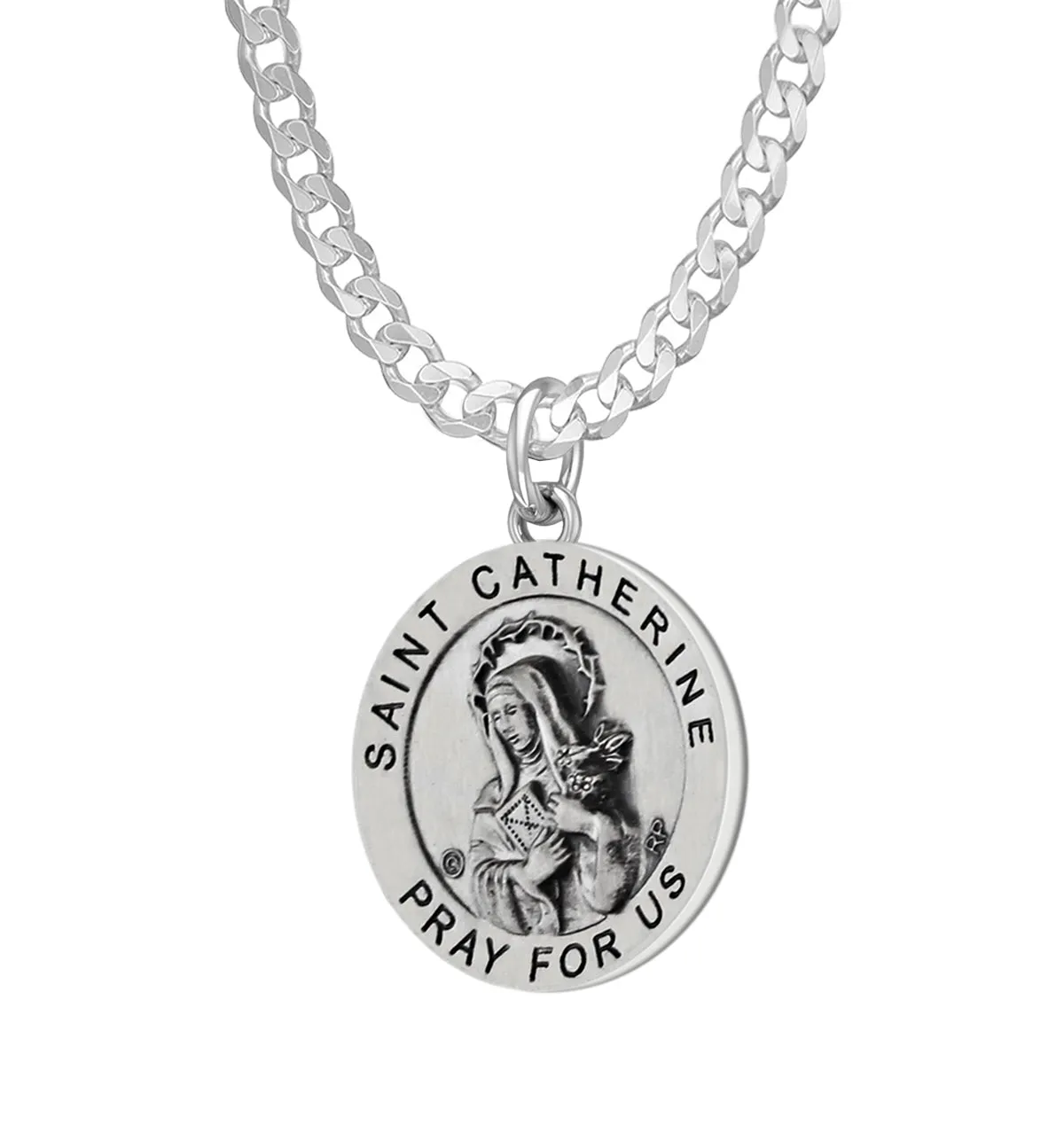 Ladies 925 Sterling Silver 18.5mm Antiqued Saint Catherine Medal Pendant Necklace