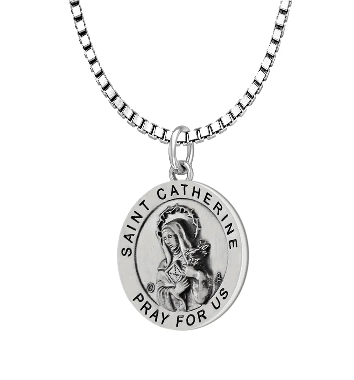 Ladies 925 Sterling Silver 18.5mm Antiqued Saint Catherine Medal Pendant Necklace