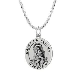 Ladies 925 Sterling Silver 18.5mm Antiqued Saint Catherine Medal Pendant Necklace