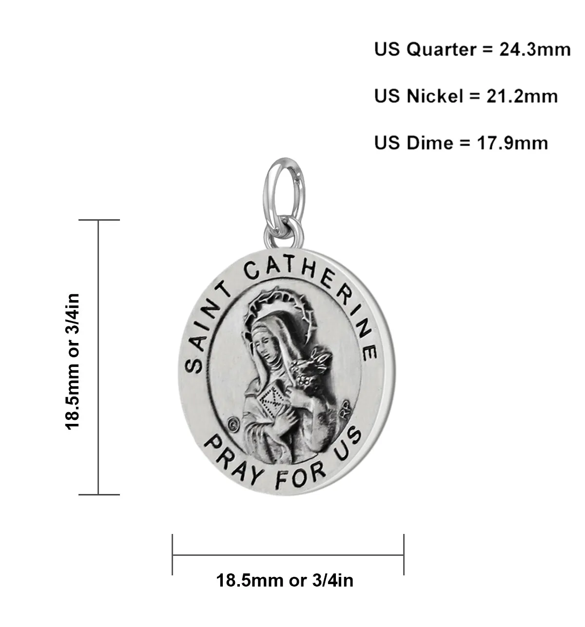 Ladies 925 Sterling Silver 18.5mm Antiqued Saint Catherine Medal Pendant Necklace