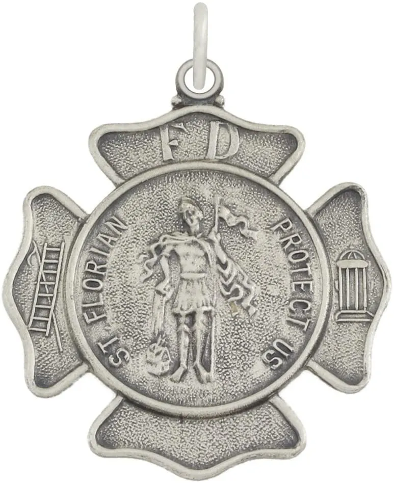 Ladies 925 Sterling Silver 20mm Antiqued Finish St Saint Florian Badge Medal Pendant Necklace