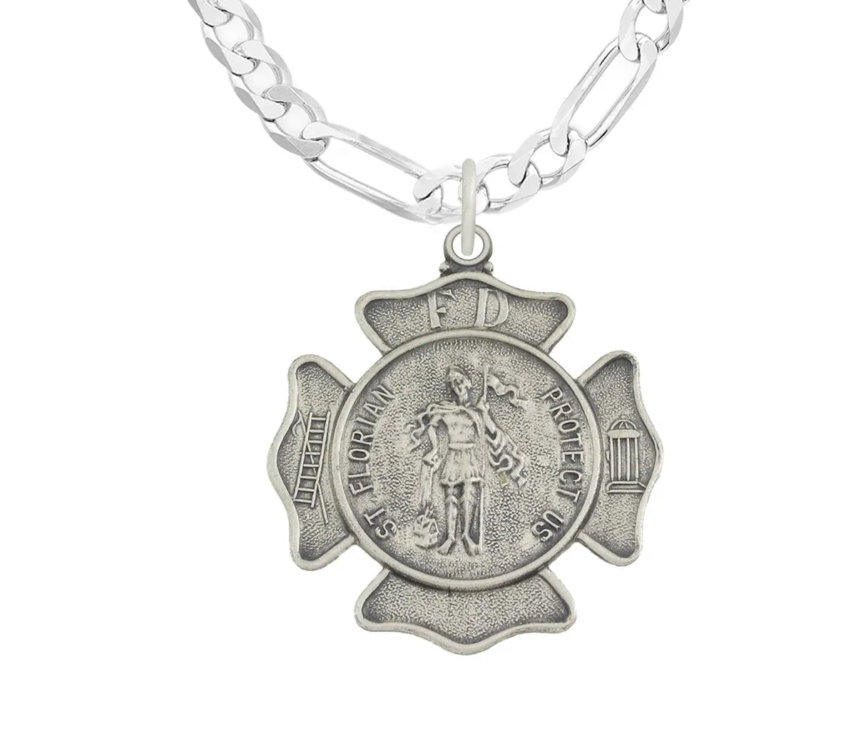Ladies 925 Sterling Silver 20mm Antiqued Finish St Saint Florian Badge Medal Pendant Necklace