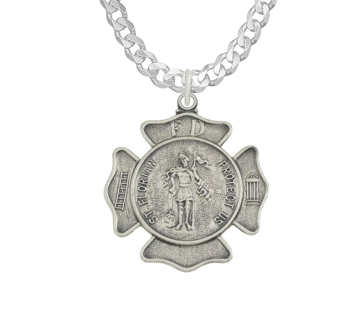 Ladies 925 Sterling Silver 20mm Antiqued Finish St Saint Florian Badge Medal Pendant Necklace