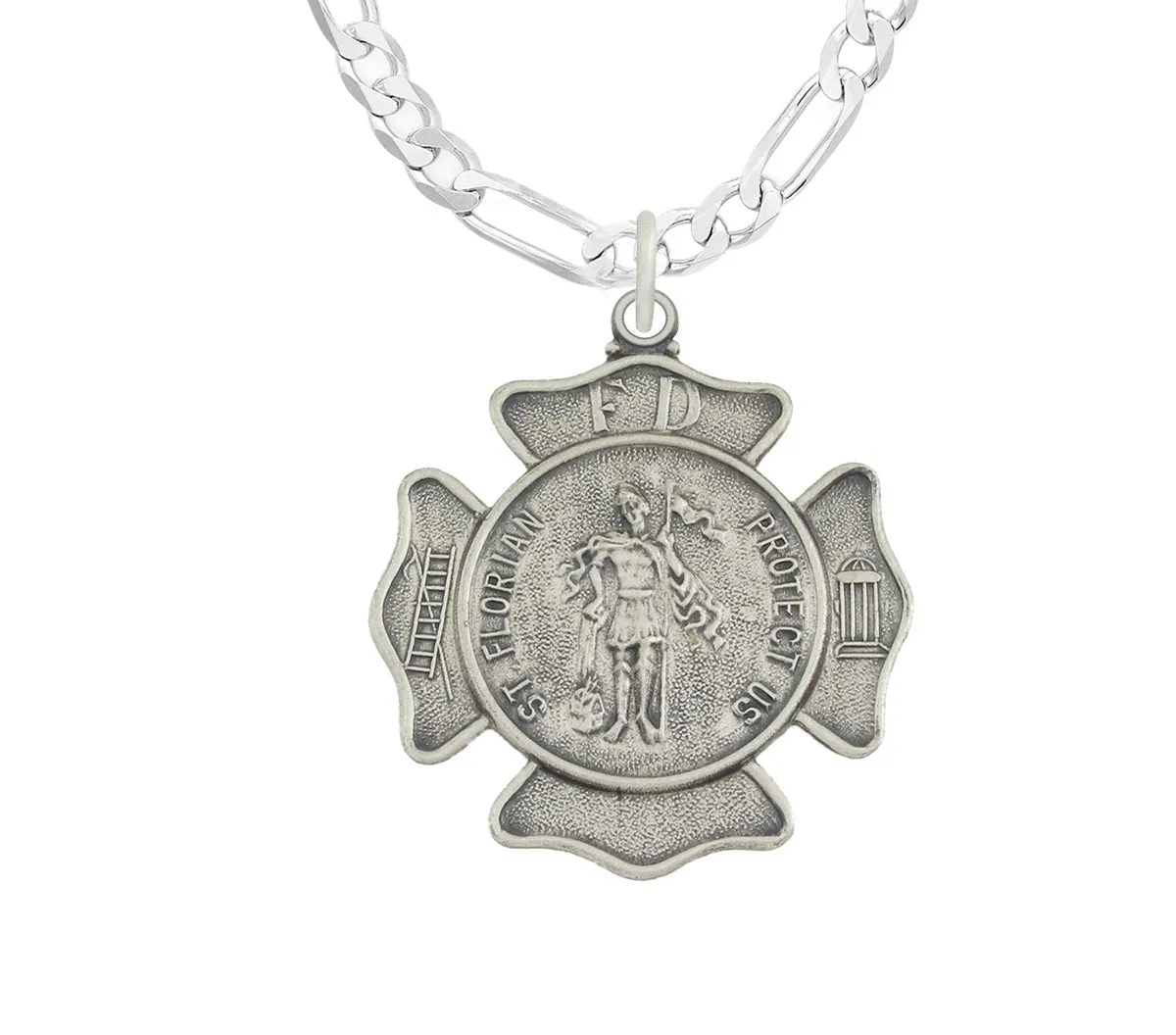 Ladies 925 Sterling Silver 20mm Antiqued Finish St Saint Florian Badge Medal Pendant Necklace