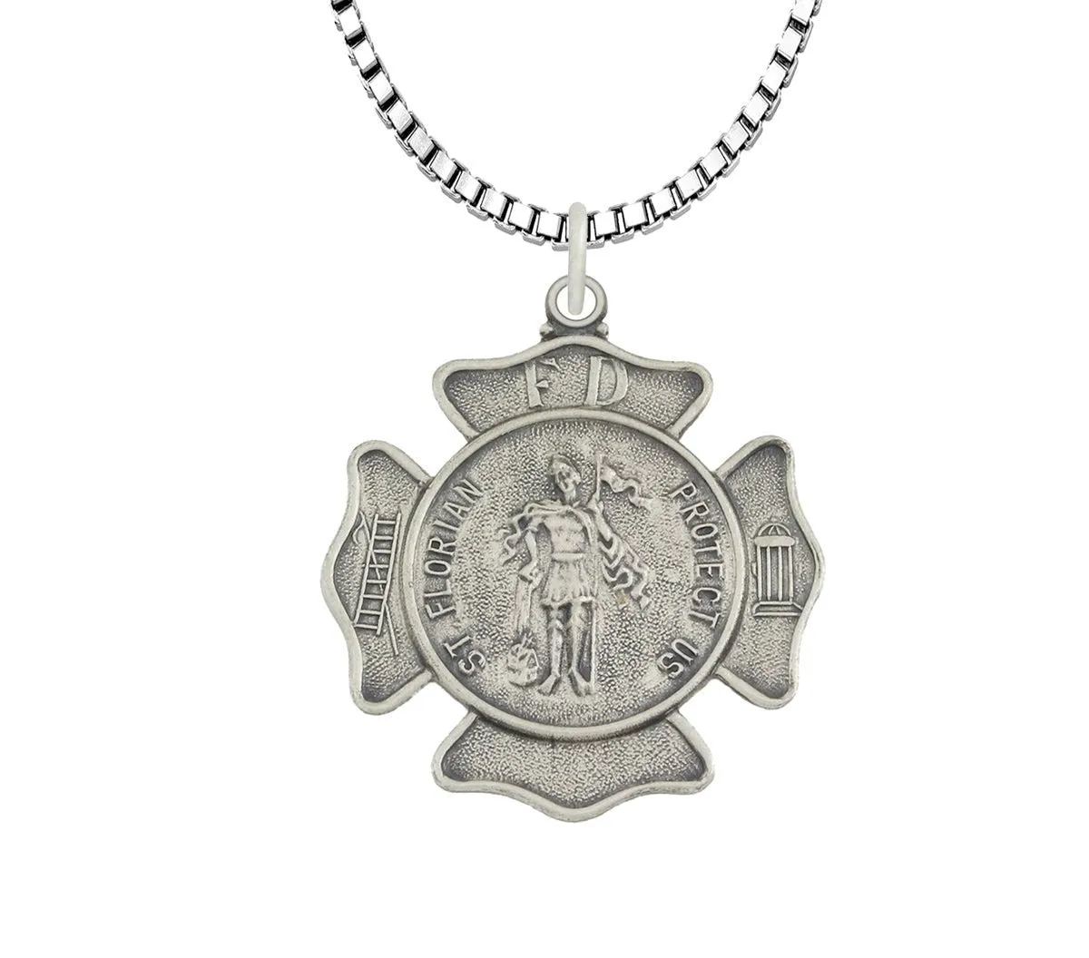 Ladies 925 Sterling Silver 20mm Antiqued Finish St Saint Florian Badge Medal Pendant Necklace