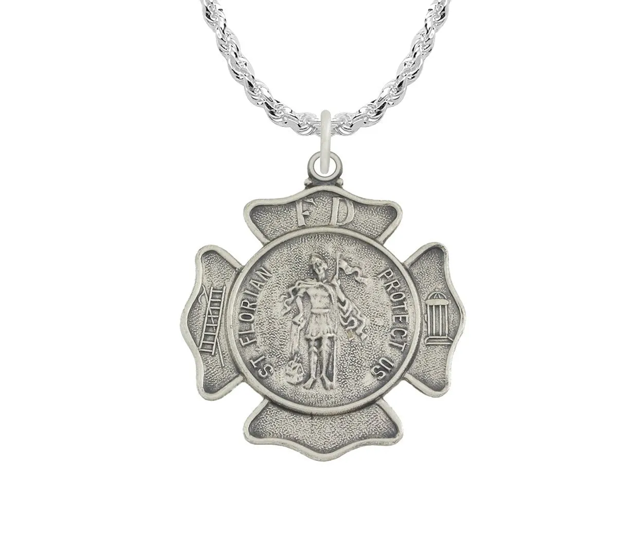 Ladies 925 Sterling Silver 20mm Antiqued Finish St Saint Florian Badge Medal Pendant Necklace
