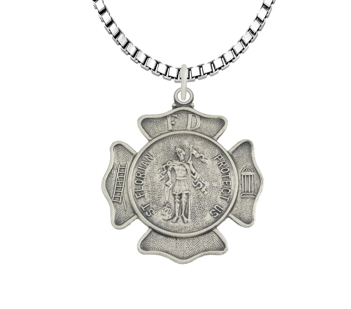 Ladies 925 Sterling Silver 20mm Antiqued Finish St Saint Florian Badge Medal Pendant Necklace