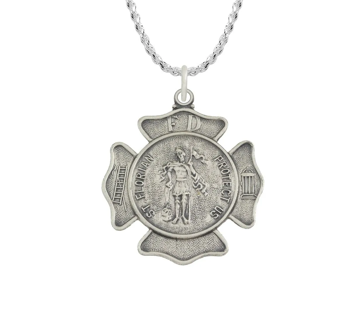 Ladies 925 Sterling Silver 20mm Antiqued Finish St Saint Florian Badge Medal Pendant Necklace