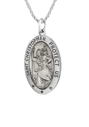 Ladies 925 Sterling Silver St Christopher Oval Antique Pendant Necklace, 18mm