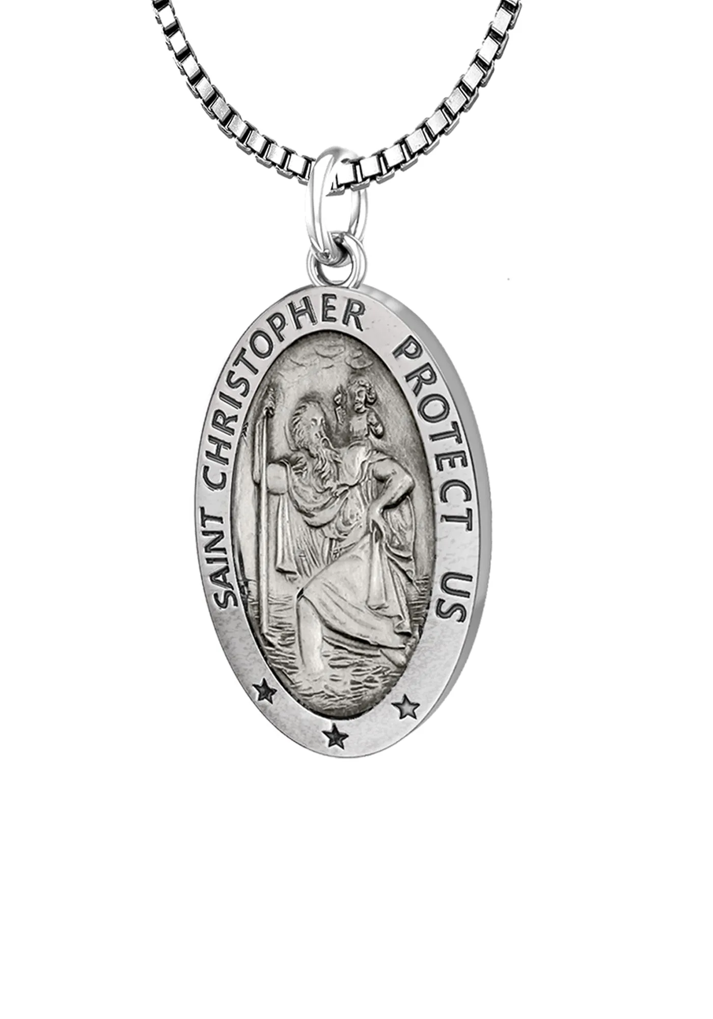 Ladies 925 Sterling Silver St Christopher Oval Antique Pendant Necklace, 18mm
